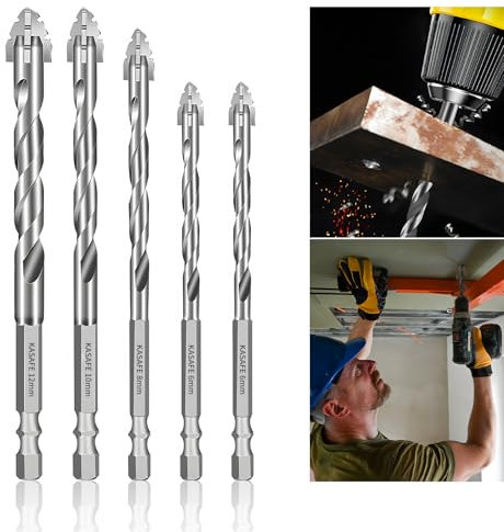 KASAFE 4 Blade Serrated Eccentric 4 Flute Drill Bits Set, Concrete Masonry Drill Bits for Brick, Tile, Wood & PVC, Fine-Polished Carbide Tips with 1/4 Hex Shank, Sizes 6/8/10/12mm