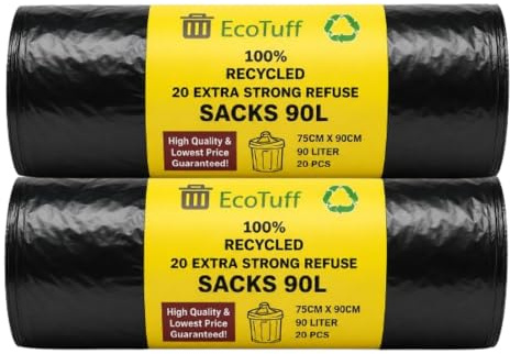EcoTuf 40 Pack Extra Heavy Duty Refuse Sacks, 90-100L, 45Kg Weight Resistant Bin Bags Garbage Bags, Leak Resistant, Eco-Friendly, Disposable, Perfect for Household, Garden, Commercial & Building Use