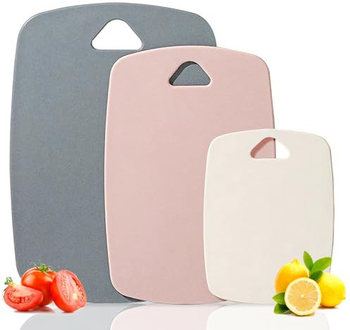 Rouceyxin Chopping Board Set, BPA Free Plastic Cutting Board, Dishwasher Safe Cutting Board, Chopping Boards for Kitchens Easy Hanging Set of 3 (Pink)