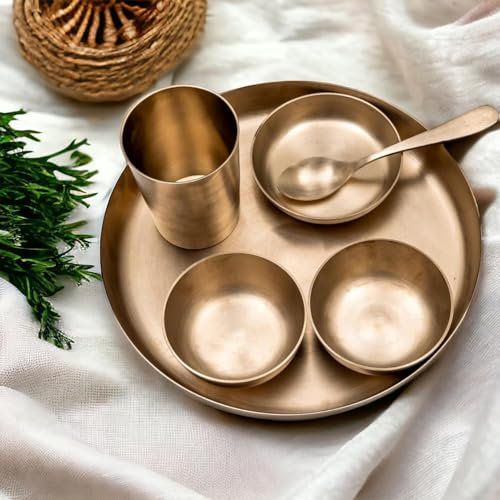 6-Piece Kansa Solid Dinner Set | Matte Finish |1 Plate (10.5 Thali),2 Bowls,1 Glass,1 Sweet Dish Plate,1 Spoon | Indian Dining Set I Dinnerware Set Bronze Dinner Set