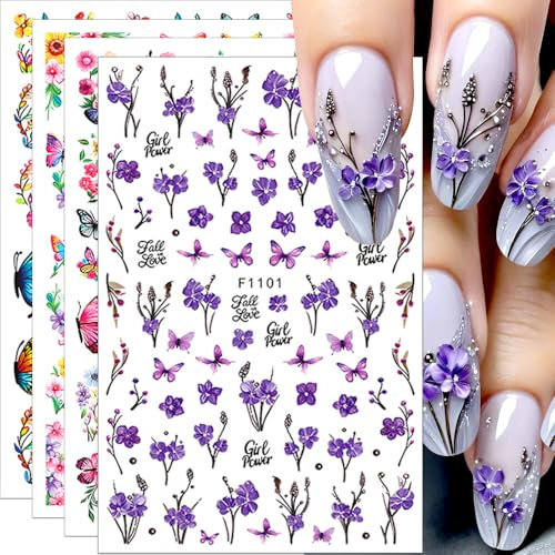 8pcs Blume Schmetterling Nagelsticker Blumen Nagel Stickers Bunte Schmetterlinge Nagelaufkleber Frühling Rose Flower Nail Sticker Floral Butterfly Nail Art Stickers Nageldesign Aufkleber Nägel Zubehör