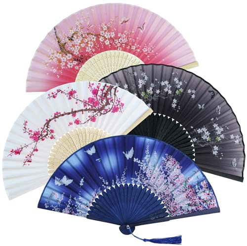 4 Pack Silk Fabric Folding Fans, Chinese Bamboo Hand Fan Folding with Floral Ink Painting & Tassels, Foldable Handheld Fan Folding for Cooling, Wedding Decor, Cosplay, Home Decoration | Hollow Carved Bamboo Folding Hand Fan Paper Fans Handheld for Wedding, Gifts, Performance, Dancing, Home Decoration
