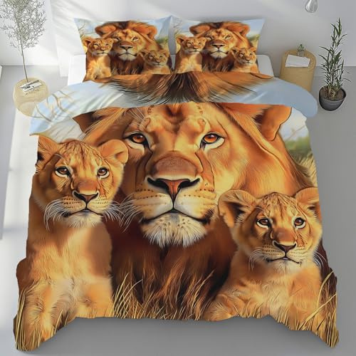 Lwznbio Housse de Couette 135x200 Respirant Lion Impression 3D Linge de Lit pour Été Microfibre Doux Animaux Sauvages Parure de Lit avec Fermeture Éclair et Taie d'oreiller 65x65 cm