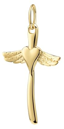 JEVELION Kleiner Kreuz Anhänger Gold 333 mit Herz und Engelsflügeln Goldkreuz mit Halskette oder ohne Kette wählbar + Schmuck-Etui + Echtheitszertifikat
