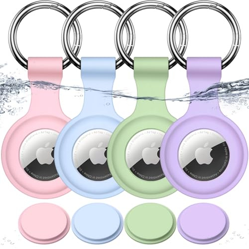 Joremx Vattentätt för Apple AirTag Hållare Nyckelring, Silikon för AirTag Fodral 1:a & 2:a Gen, att Fästa på Nycklar/Resväskor/Hundhalsband/Barn, 4 Pack (Rosa + Himmelsblå + Militärgrön + Lila)