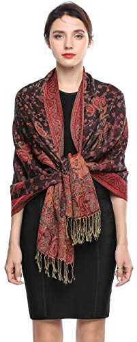 EASE LEAP Sciarpa Pashmina per donna scialle avvolgente caldo di lusso con sensazione di seta Hijab Paisley in colori ricchi con frange 200 * 70cm/(5-Nero rosso)