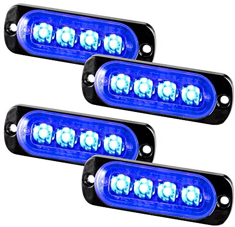 Teguangmei 4 piezas Ultradelgadas 4 LED luz Estroboscópica de Emergencia Azul Peligrosa luz Estroboscópica Intermitente luz de Advertencia Lateral coche Impermeable Camión Remolque 12-24V Universal