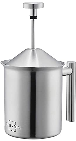 SILBERTHAL Milchaufschäumer Manuell Edelstahl - 400ml - Perfekter Milchschaum dank doppeltem Sieb und speziellem Drückmechanismus