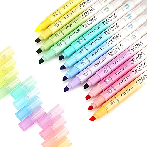WRITECH Erasable Highlighters Chisel Tip, Smooth Writing No Bleed Double Head Highlighter for Highlighting and Marking, Assorted Colors, 12 Count