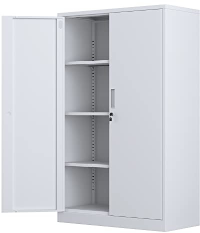 iJINGUR Metal Storage Cabinet with Locking Doors and 3 Adjustable Shelves, Lockable Steel Storage Cupboard for Home Office Garage (White)