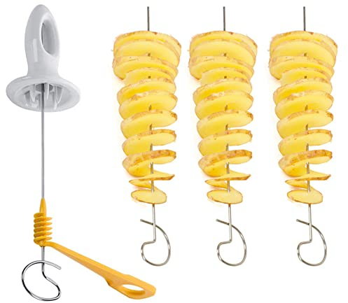 Cortadora Tornado Patatas, 4 Piezas Cortador Torre Patatas, Acero Inoxidable Papas Fritas Cortadora, Cortador Espiral, Reutilizar, Manual, para Frutas, Verduras, Carnes Brasa, Cebollas, Fritas