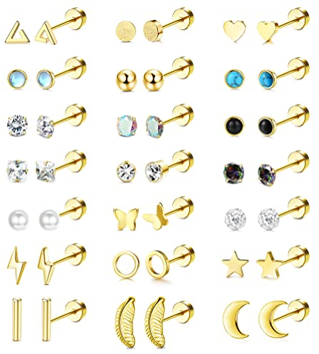 JeweBella 21 Paar Kleine Ohrringe Set Damen Herren Chirurgische Edelstahl Ohrstecker Knorpel Helix Ohrringe Hypoallergen Stern Mond Perle CZ Ohrpiercing Ohrringe Set für Mehrere Ohrlöcher für Mädchen