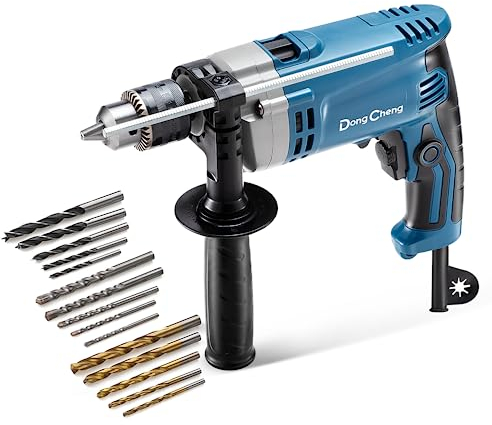 DongCheng Perceuse à percussion Marteau perforateur 710W,13 mm mandrin de perçage Perceuse à percussion 45,000 IPM, 3000 RPM avec 15 couronnes de perçage pour métal, bois et béton