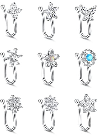 Kakonia 9 pièces faux anneau de nez Clip sur Faux anneaux de nez manchette de nez anneaux de nez Non Piercing pour les femmes bijoux Non Piercing(Argent)