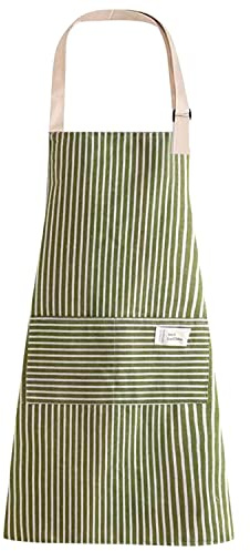 LECTNORE Adjustable Stripe Cotton Apron with Pockets for Cooking, Kitchen Apron for Women and Men (Green)
