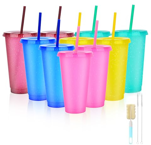 Trinkbecher mit Deckel und Strohhalm: 10 Stück Becher mit Deckel und Strohhalm 710ml- Kunststoffbecher für kinder Erwachsene Party-Becher Trink-Becher Party-Geschirr Camping-Geschirr