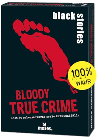 moses. Black Stories Bloody True Crime - 50 indovinelli sui Casi di criminali Reali, Gioco di Carte con Varianti di Gioco e Punti
