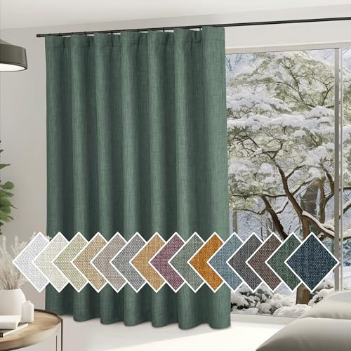 NICETOWN Greyish Green Sliding Door Curtains for Living Room, Hook Belt/Rod Pocket/Back Tab Room Darkening Faux Linen Sound Reducing Room Divider Curtains for Bedroom, W100 x L84, 1 Panel