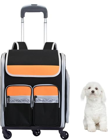 PJDDP Hunderucksack Mit Trolley 2 in 1, Hunderucksack Mit Rollen Für Transport,Multifunktionaler Rucksack Für Katzen Und Kleine Hunde,Leichte Katzenrucksack Mit Speziellem Hundefach,Schwarz