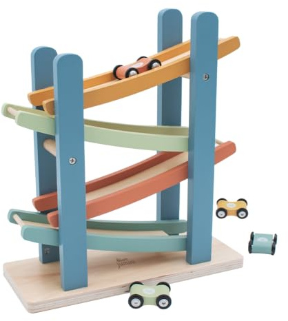Jumini Retro Scandi Ramp Racer Click Clack Track with 4 Wooden Cars – UK Design, Non-Toxic paint, sustainably sourced wood, Educational Toy for Toddlers