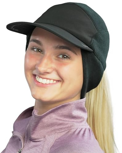 TrailHeads Pferdeschwanz-Mütze, Fleece-Beanie für Damen, Wintermütze mit Visier, warme Mützen für Damen, Laufmütze, Wintergolf, Schwarz, Einheitsgröße