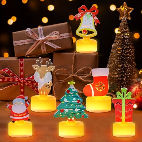 GAROMIA Velas de té LED de Navidad, 6 unidades, decoración navideña, con temática navideña, velas LED, funciona con pilas, decoración de Navidad