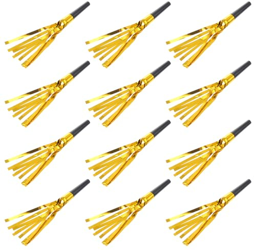 Alasum 12Pcs Party Whistles with Gold Tassels Black Pipe Design New Year and Birthday Celebration Noisemakers