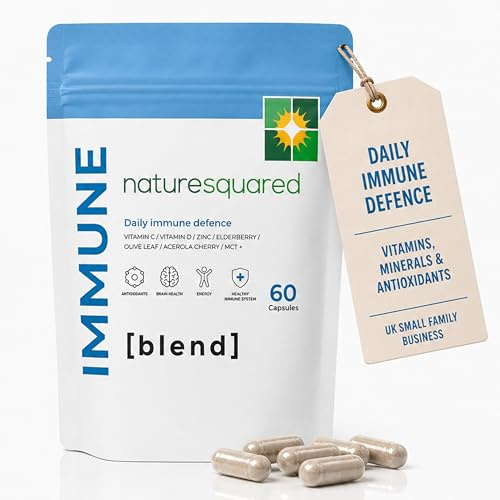 NATURE SQUARED Immune [blend]: Premium Immune System Booster - 60 High Strength 8-in-1 Complex - Loaded with Vitamin C, D, Zinc, Elderberry, Acerola Cherry, Olive Leaf, Black Pepper & MCT - Made in UK