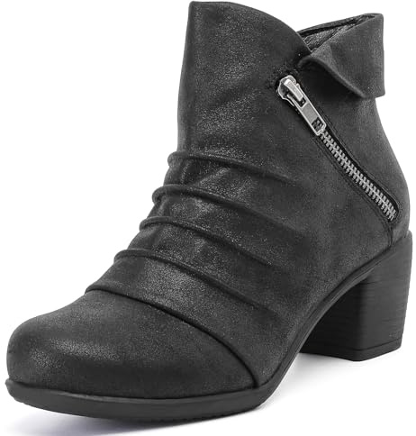 Ruiee Botines para mujer, de tacón bajo y grueso, holgados, cómodos, con puntera redonda, para invierno y otoño., Negro Bmf 303, 37.5 EU