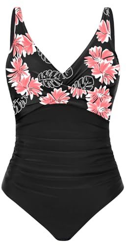 CMTOP Bañadores Mujer Reductores Push Up Cuello en V Acolchado Traje de Baño Una Pieza Vientre Plano Ropa de Baño Control de Barriga Playa Trajes Cintura Alta Pliegues Monokini(Motivo Floral 3,L)