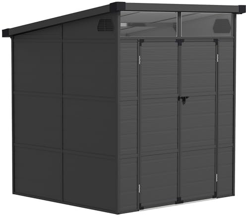 Outsunny 6 x 6ft Dark Grey Plastic Garden Shed with Windows and Air Vents, Outdoor Resin Tool Shed with Latch Doors for Garden, Deck