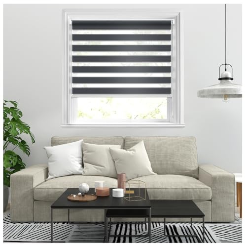 J.Din Zebra Roller Blinds Windows Door Curtain For Bedroom Light Filtering Day and Night Window Shades Blind Easy Fit Double Layer Fabric Translucent Vision Curtains (Grey, 114cm x 210cm)