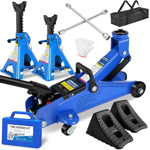 2 Ton (4000 lbs) Capacity, Low Profile Hydraulic Trolley Service/Floor Jack Combo with 2 Ratchet 3 Ton Jack Stands, tire Repair kit, 14-inch Wheel Cross Wrench