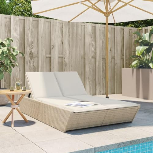 Myheimly Sonnenliege, Doppelliege mit Auflagen, Gartenliege Verstellbare Rückenlehne, Relaxliege Liege Gartenmöbel, Poly Rattan Sonnenliege Stil B,Beige und Creme