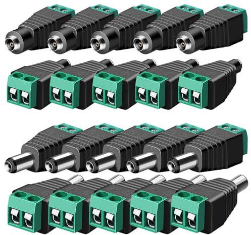 Yuio 10 Pair 5.5mm x 2.1mm Barrel Jack Power Connector Adapter Plug, 12V Male Female DC Connectors Screw Terminal Connector for CCTV Security Camera LED Light Strips