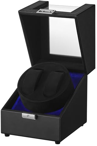 SONGMICS Carica Orologi, per Natale, Caricatore Automatico Doppio per 1 Orologio con Motore Silenzioso, con LED, Chiusura, 4 Impostazioni, con un Cavo di Ricarica USB-C, Nero JWB031B01