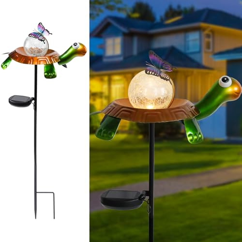 Afirst Solar Lights Outdoor Decorative Metal Turtle Crackle Glass Globe with Butterfly Warm White LED Metal Waterproof Garden Stake Lights for Walkway Pathway Lawn Patio Yard Decorations