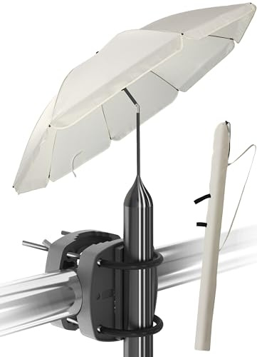 Menz Sonnenschirm Balkon als Sonnenschutz Balkon 3-IN-1 SET - UPF 50+ Sonnenschirm 180 cm in Beige + Sonnenschirmhalter Balkongeländer + Sonnenschirmhülle