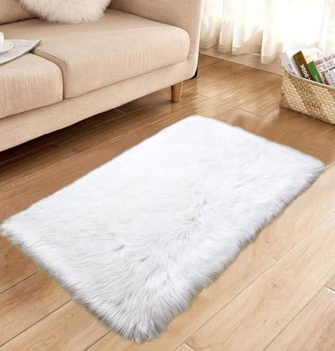 HARESLE Sheepskin Rug,Soft Faux Fur Rug,White Rugs for Bedroom,Fluffy Rugs Living Room,Small High Pile Rectangular Carpet,Non-Slip Area Carpet(White,40x60cm)