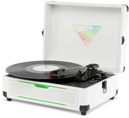 Victrola Journey Glow – Illuminated Suitcase Record Player – 18 RGB Light Effects, Stereo Speakers with Enhanced Bass, Bluetooth Streaming, (White)