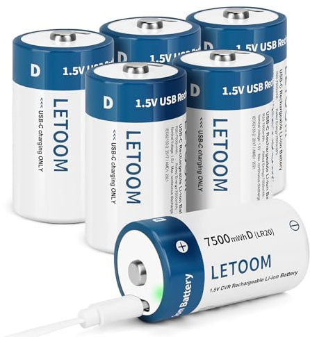 D Batteries Rechargeable with 4 in 1 USB C Charging Cable D Size Cell Lithium Batteries 7500mWh 1.5V for Flashlights, Toys, and Floodlights (6 Pack, D Battery)