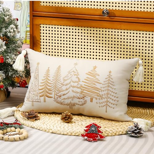 Lewondr Copricuscino Natalizio con Albero e Frange, 30x50cm, 1 Pezzo, Beige