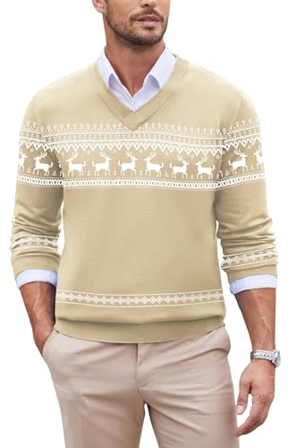 COOFANDY Maglione Natalizio Uomo con Scollo V Elegante Pullover Invernale a Maniche Lunghe Maglione Maglia Fine Morbido Sweater Renna di Natale - Beige XL