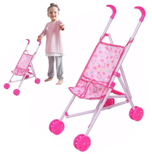 Puppenwagen aus Metall faltbar - 25x49x53cm Wagen für Puppen mit Sicherheitsgurt - Spielzeug für Mädchen & Jungen ab 3 Jahren (Rosa)