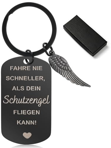 TAKONE Fahr vorsichtig Schlüsselanhänger Edelstahl Schutzengel Geschenk | Gravur „Fahr vorsichtig“ als Schutzengel Glücksbringer für Fahrer