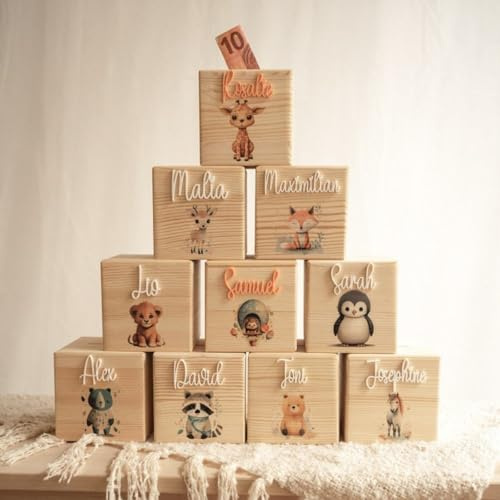 Personalisierte Holz-Spardose für Kinder, personalisiertes Sparschwein für Kinder, Jungen, Mädchen, individuelles Geschenk für Geburtstage, Taufen oder Ostern. Personalisiertes Baby-Geschenk