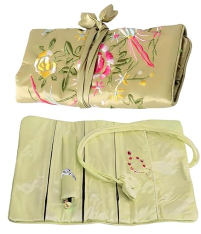 Travel Jewellery Roll, Light Green Travel Jewellery Organiser Foldable Jewelry Organiser with Embroidery, Compact and Portable Hand Roll Bag Suitable for Rings Necklaces Bracelets