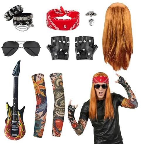 12 Stück Rocker Kostüm Herren 70er 80er Jahre, Punk Kostüm Set mit Perücke Sonnenbrille Bandana Aufblasbare Gitarre Ring Tattoo Ärmel Armband Handschuhe, Karneval Party Verkleidung für Männer & Damen