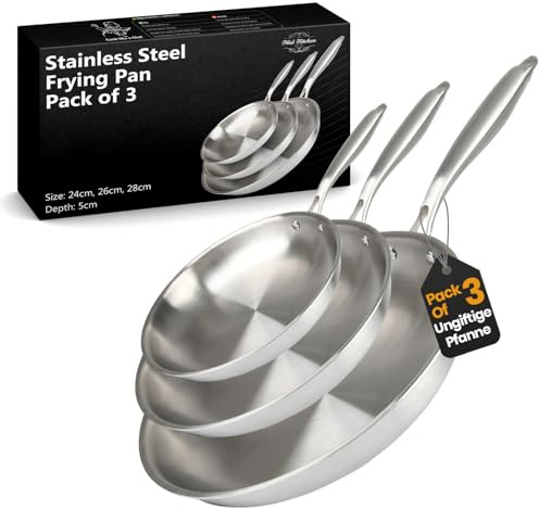 MISL HOME - Set Poêles Inox Induction 3 Pièces – Poêle Inox 24 26 28 cm 3 Couches en Acier Inoxydable, Compatible Tous Feux Induction Gaz Électrique Vitrocéramique, Batterie de Cuisine Inox