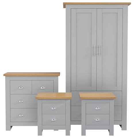 Blisswood Bedroom Furniture Sets with 2 Door Wardrobe & 2+2 Drawer Chest of Drawers + 2 Drawer 2 Bedside Table Bedroom Set for 4 Piece Bedroom Storage furniture (Grey & Oak)